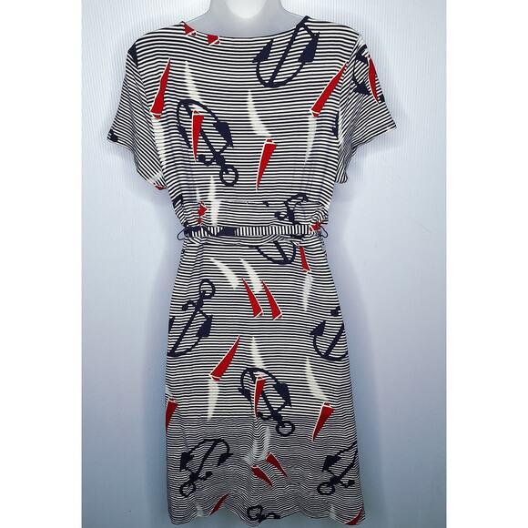 Talbots Nautical Stretch Jersey Dress Large Striped Anchors Short Sleeve Preppy - Picture 7 of 7